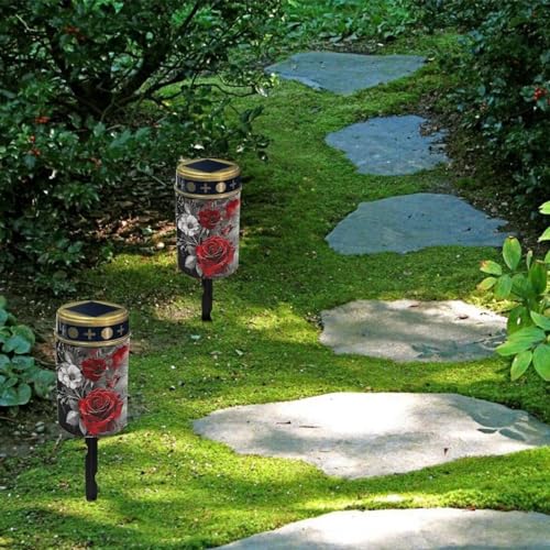 Image of Red Rose Cemetery Solar Lights Water Resistant LED Flameless Candle Grave Lights Solar Powered Grave Decor Memorial Gift Outdoor Garden Decor Light for Prayer 2 Pcs