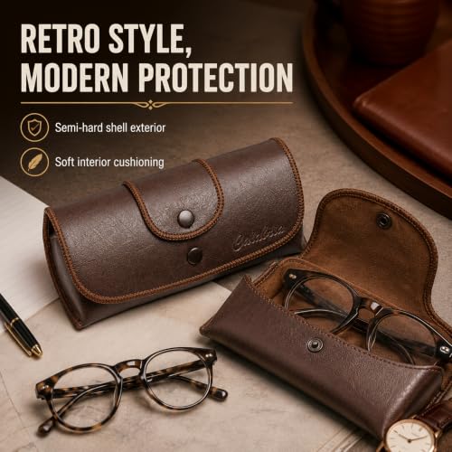 Image of Calabria Double Snap Belt Loop Eyeglass Case PU Leather Brown Old School Vintage Eye Glasses Pouch Semi-Hard Sunglass Holder - 50PACK