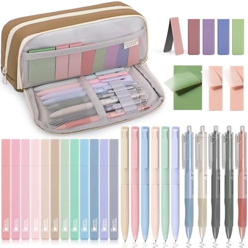 COZCLAM 32pcs Aesthetic Stationery Supplies with Brown Pen Case, 12 Pastel Highlighters, 6 Colour Pens, 5 Black Pens