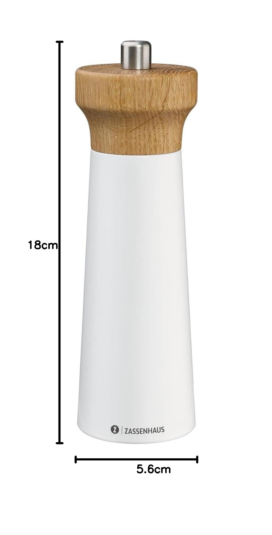 Zassenhaus Moulin à sel WESTERLAND | Blanc/hêtre | Tête de moulin en bois de chêne | avec broyeur en céramique haute performance réglable en continu | Moulin à épices pour sel | 18 cm, Ø 5,6 cm