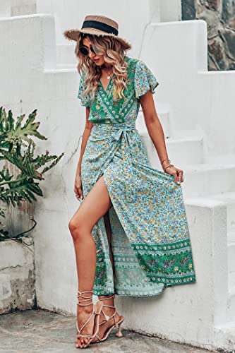 Image of PRETTYGARDEN Women Boho Summer Side Split Deep V Neck Short Sleeves Maxi Dress with Belt