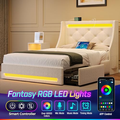 Image of Rolanstar Twin Bed Frame with LED Lights and Charging Station, Upholstered Bed with Drawers, Wooden Slats, Noise Free, Easy Assembly, Beige