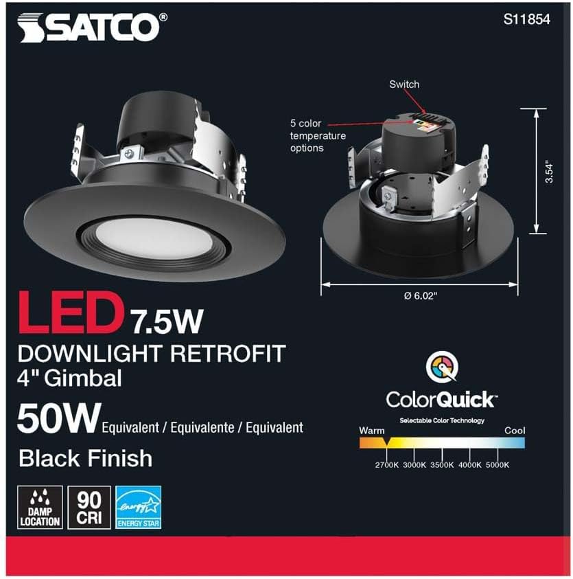 Satco LED Retrofit Gimbal Downlight, CCT Selectable 2700K/3000K/3500K/4000K/5000K, 4 Inches, Black Finish