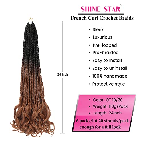 French Curl Crochet Braids, 24Inch 6 Packs Boho Goddess Box Braids Crochet Hair For Black Women, Crochet Box Braid With Bouncy Wavy Curly Ends Pre-Looped French Curly Braiding Hair Extension (T1B/30) #TOP2