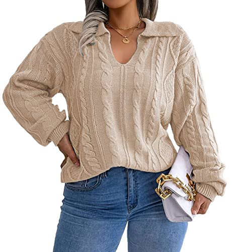 Image of Plus Size Sweaters for Women Polo V Neck Chunky Cable Knit Pullovers 1X-5X