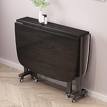 ZHUKER Folding Dining Table, Extendable Kitchen Desk with Locking Wheels, Wooden Drop Leaf Table, Flip-Top Dinner Tables for Small Spaces, Round Edge Design (Black, 120x80cm)