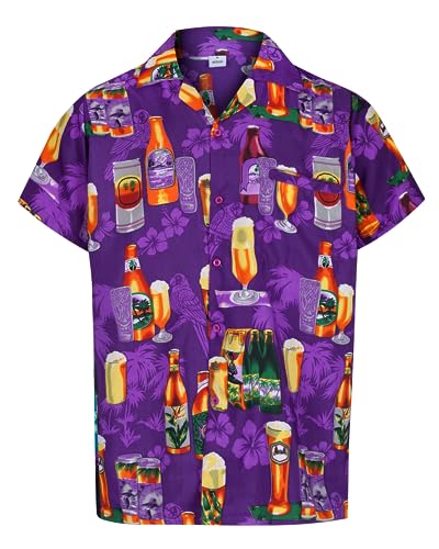 REDSTAR Hawaiian Shirts for Men Funny Shirts with Short Sleeves - Hawaiian Fancy Dress Mens Hawaiian Shirt Button Down Beer Shirts for Men - Ugly Shirts for Stag Do Accessories (Large Purple)