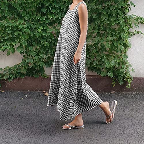 chouyatou Women's Summer Casual Loose-Fit Cotton Plaid Tank Maxi Dress with Pockets Boho Beach Sundress4