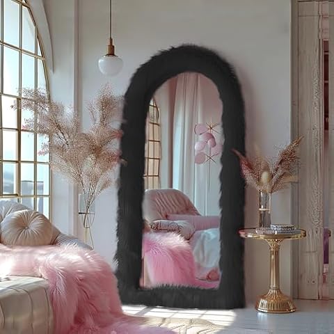 Anpark Arched Full Length Mirror 71"x32" Free Standing Floor Mirror Chic Black Faux Fur Framed Wall Mounted Full Body Mirror Leaning Hanging Wall Mirror for Bedroom Entrance Cover