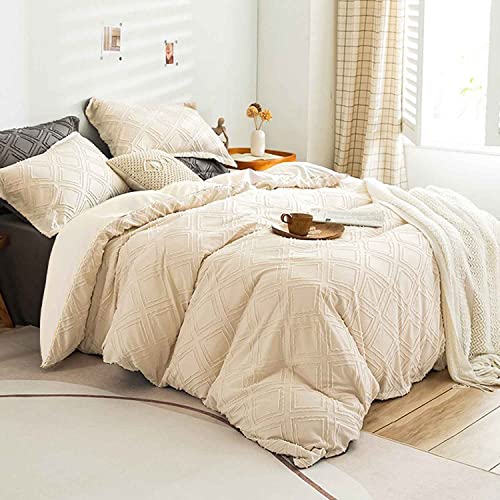Nanko Beige Duvet Cover Queen Size, 3Pc Boho Tufted Diamond Pattern Microfiber Bedding Comforter Cover Set, Aesthetic Shabby Chic Soft Embroidery Textured Geometric Quilt Cover (90X90) #TOP4