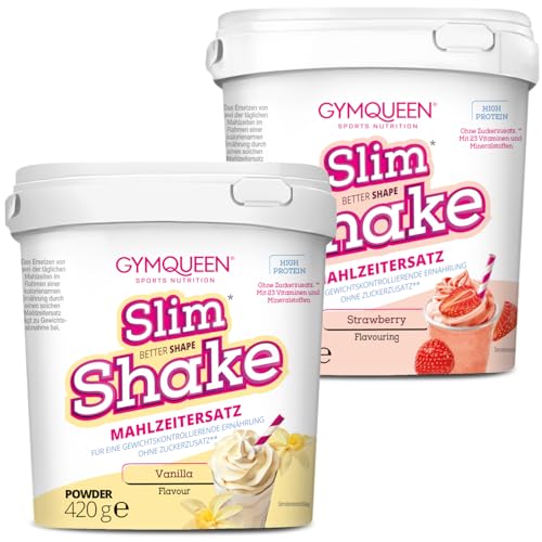 GymQueen Slim Shake 2x420g, Vanille + Erdbeere, Leckerer Diät-Shake zum einfachen Abnehmen, Mahlzeitersatz mit wichtigen Vitaminen und Nährstoffen, nur 250 kcal pro Portion