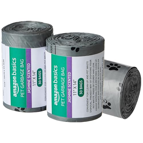 Image of Amazon Basics Pet Poop Bags with Fun Paw Print Design | Grey | 300 Count | 30 Bags x 10 Rolls | Strong and Leak-Proof | Easy to Use | Mild Jasmine Scent