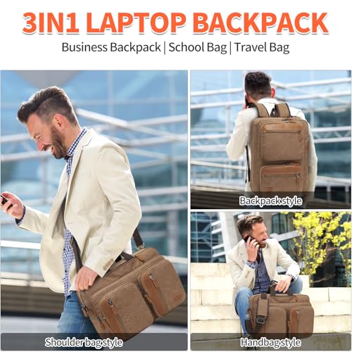 3 In 1 Messenger Bag for Men: 18.5'' Canvas Mens Laptop Computer Bag Backpack with Multiple Pockets & Laptop Sleeve & USB Port for Men Work, Carry On Crossbody Bag for Notebook, (Khaki)3
