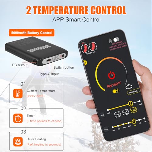 Elektrisch Beheizbare Socken APP Steuerung, Beheizte Socken für Damen Herren mit 5000mAh Akku, Wiederaufladbare Wintersocken Foot Warmer 3-stufige Temperaturregelung Thermosocken – Bild 3
