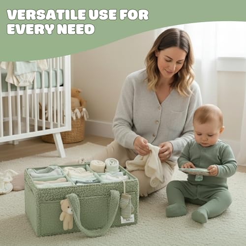 Image of OCEANEVO Cute Fur Diaper Caddy Organizer Bag WITH Luggage Tag AND Bear Charm, Baby Basket Essentials for Newborn Baby Products Storage with Compartments and Handle - 38 x 25 x 18 cm - Model 3 - Green