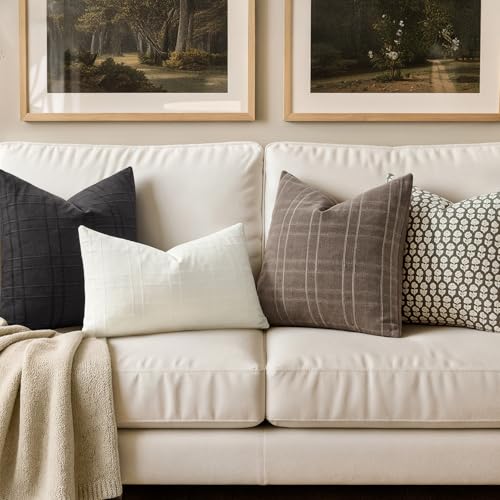 Image of MIULEE Decorative Linen Check Euro Shams Throw Pillow Covers Neutral Farmhouse Vintage Pillow Covers 24x24 Set of 2 Boho Modern Home Decor for Sofa Couch Bedroom Cushion Black