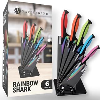 Napperband 6 Piece Colour Coded Kitchen Knife Set Block with Clear Acrylic Stand - Titanium Coated Stainless Steel