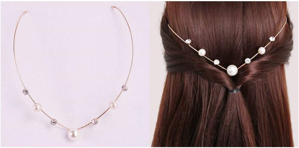 VIKSON INTERNATIONAL Golden Back Hold Headbands Crystal Alloy Hairbands Crown Tiara Pearl Leaf Headwear Girls Vintage Hair Band Rhinestones Hair Accessories Headdress (1 Pc)