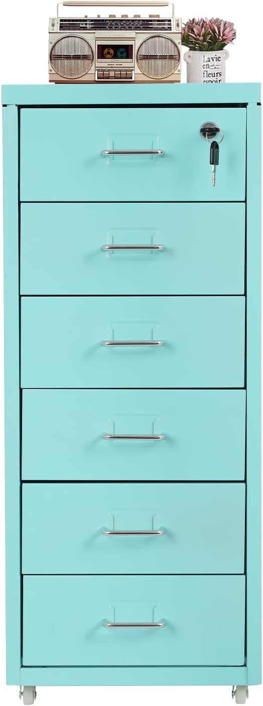 6 Drawer File Cabinet with Lock, Vertical Filing Storage Cabinets with Wheels Metal Rolling Organizer for Home Office Study
