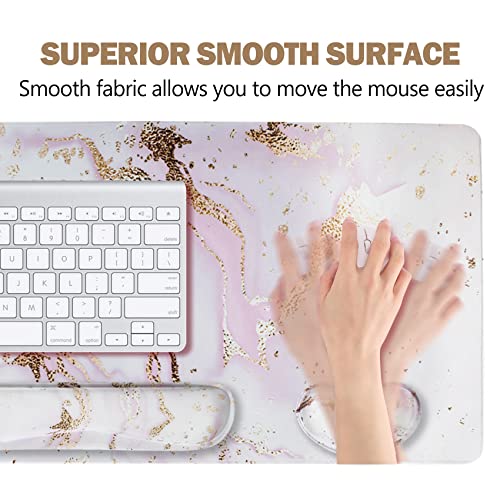 Image of ARTSO Large Gaming Mouse Pad, Keyboard Wrist Rest Pad & Wrist Support Mousepad Set, Stitched Edge, Extended, Non-Slip Base, Memory Foam,Multifunctional Desk Mat 4pcs for Office & Home, Pink Marble
