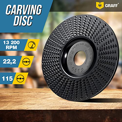 GRAFF Muela Amoladora 115 mm - Disco Madera Amoladora para Tallar y Moler Madera, Madera Blanda, Madera Dura - Disco Desbaste Madera de Carburo de Tungsteno para Amoladoras Angulares - imagen 2