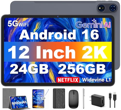 Image of 12 Inch Tablet with Keyboard, Android 16 Tablet with Gemini AI, 24GB+256GB+2TB Expand, 2K Tablets PC with 8-Core, 8000mAh, 120Hz 1920x1200, 16+8MP, 2 in 1 Large Tablets with Case,Mouse,Stylus(Silver)