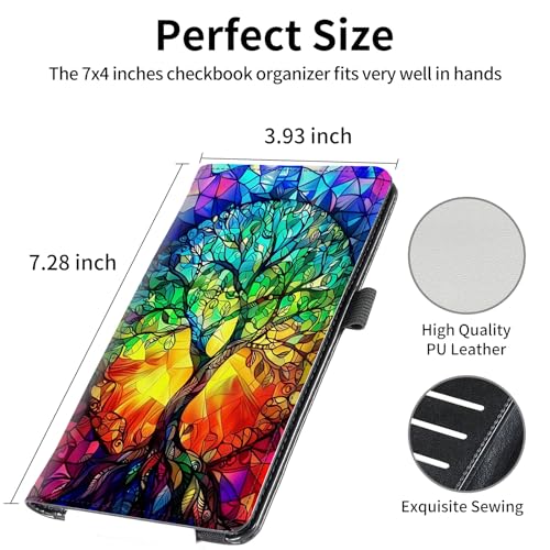 Image of FUYOCWE Leather Checkbook Covers for Men Women Check book Holder Cover Wallets for Personal Checkbook Duplicate Checks with RFID Blocking & Elastic Strap-Glass Style Colorful Life Tree