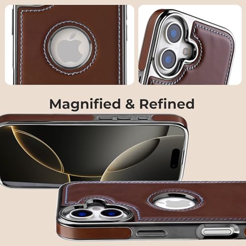 Image of PULOKA Chrome Leather Back Case - Compatible with iPhone 17 - Premium Bumper Case - Flexible Vegan Leather - Electroplated Sides & Logocut - Full Camera Protection & Raised Edges - (Brown)