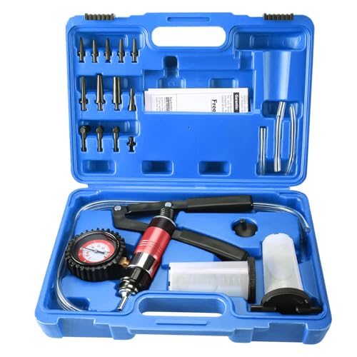 FreeTec 23PC Bomba Vacío Purgador Frenos, 40 PSI 26 inHg Pistola Vacio y Presion Manual, Kit Bomba Purgador Frenos Vacuometro para Purga de Liquido de Freno en Moto Coche Camión (Azul)