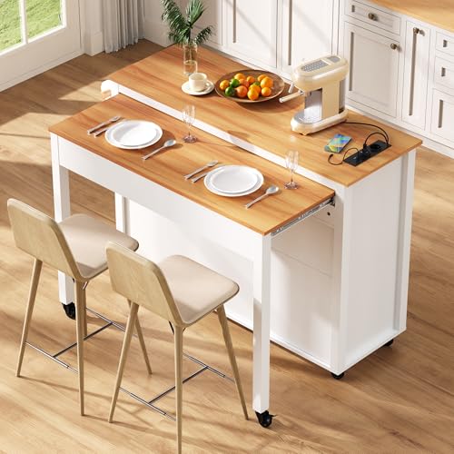 Isla de cocina móvil con ruedas con mesa de comedor extensible, 120 x 92 x 40-75 cm, carrito de cocina con 2 cajones, bandeja para basura, enchufe, placa natural, para cocina y comedor (blanco) - imagen 2