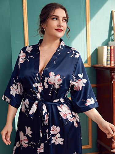 Wdirara Women's Plus Size Satin Floral 3/4 Sleeve Belted Kimono Long Night Robe Navy Blue 3Xl #TOP3