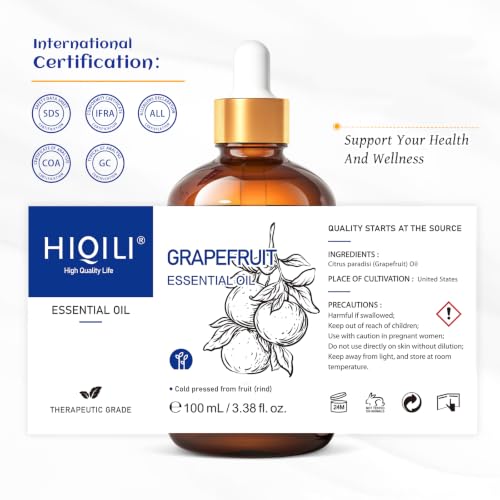 Image of HIQILI Grapefruit Essential Oil for Skin Care, DIY, Diffuser & Aromatherapy | Essential Oils with Travel Bottle for Candle & Soap Making, Fill Your Home with a Bright Citrus Scent -3.38 fl oz