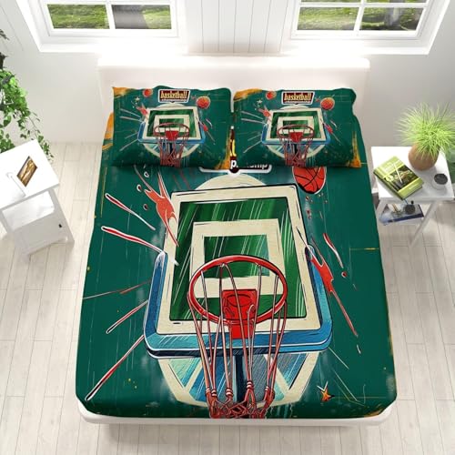 TACOKI Sabanas Bajeras 180x200 Baloncesto Sábanas Bajeras Cancha de Baloncesto Ajustable Suave y Cómoda Sabana Bolsillo Profundo 30 cm, para Grueso Colchón, Sabanas Cama 180 c8399