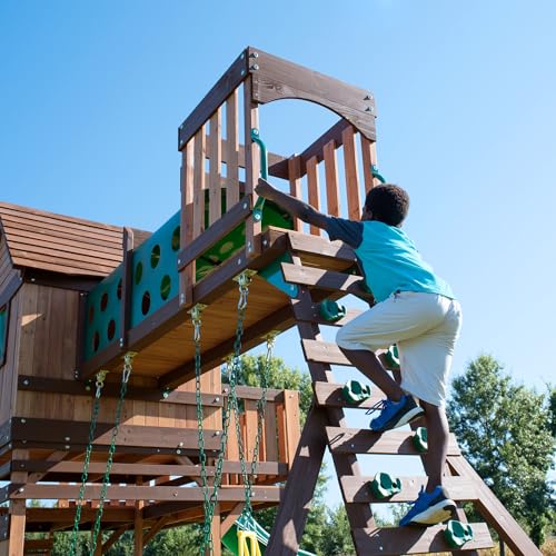 Backyard Discovery Woodridge Elite Cedar Wood Swing Set with Wave Slide, Clubhouse, Crawl Tunnel, Crow's Nest, Belt Swings, Trapeze, Rock Wall Ladder, Sandbox, Wrap-Around Porch, Deck, Outdoor Playset - image 5