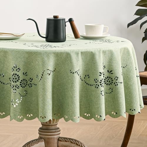 Wracra Macrame Waterproof Table Cloth, Farmhouse Linen Style Round Table Cover, Wrinkle Resistant Washable Indoor Outdoor Table Cloth (Avocado Green, Round 55") by Wracra - Used condition - US$14.75