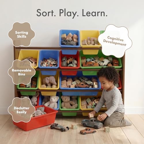 Image of Humble Crew Toy Storage Organizer with 16 Removable Storage Bins for Kids Playroom, 4-Tier Toddler Toy Organization and Storage, Walnut /Primary