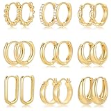 9 Pairs Small Gold/Silver Hoop Huggie Earrings Set for Women, 14K Gold Plated Chunky Hoop Small Earring Hypoallergenic Thick Open Lightweight Chunky Hoop Earrings Jewelry for Gifts