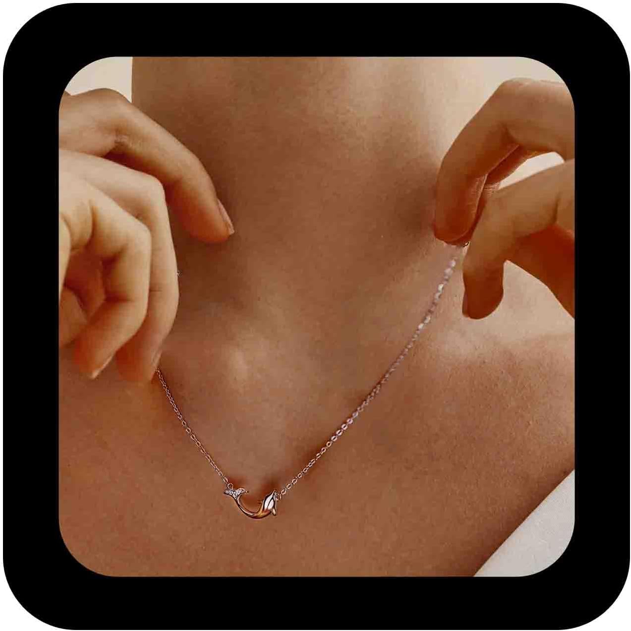 Minimalist Silver Dolphin Pendant Necklace Choker Ocean Crystal Dolphin Necklace Thin Cable Chain Necklaces Jewelry for Women