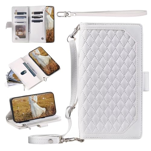 xinyunew Funda con Cuerda para Motorola Moto E5 Plus Carcasa con Correa Colgante Ajustable Collar,con Ranura para Tarjeta Cierre Magnético Flip Folio Protección Carcasa [Soporte Plegable] Blanco