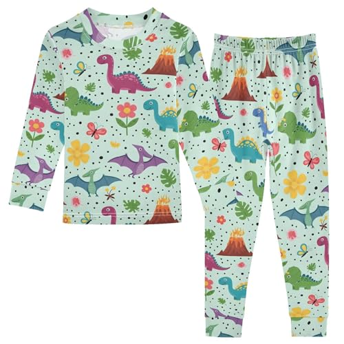Pajama Sets Long Sleeve Dinosaurs Flowers Butterflies on Green Soft Comfy Sleepwear 2 Piece PJS 3-8T
