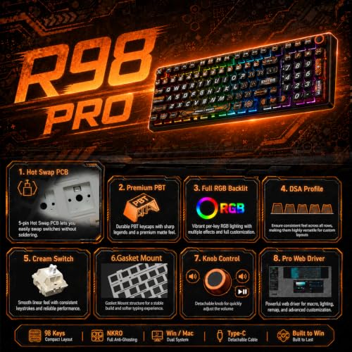 Image of RK ROYAL KLUDGE R98 Pro Wired Mechanical Keyboard, RGB PC Gaming Keyboard with Number Pad and Volume Knob, dye Sublimation DSA Profile Pudding Keycaps, for Win /Mac, Hot Swappable Linear Cream Switch