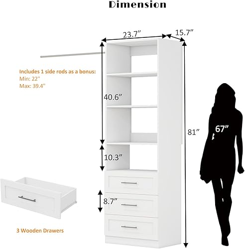 Miniatura 2 de Sistema organizador de armario con cajones, sistema de estantería de armario de madera, pequeño vestidor independiente de esquina con varillas para