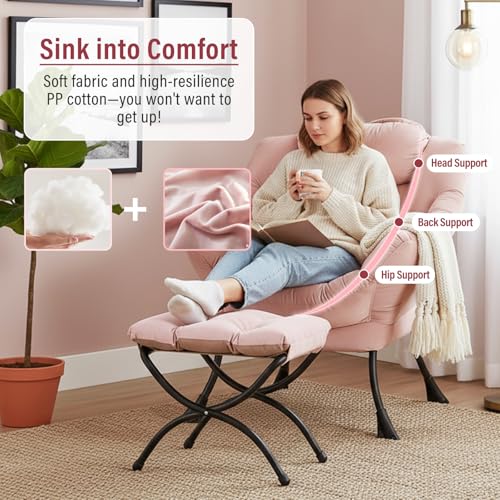 Furlide Lazy Chair with Ottoman, Modern Chair with Folding Footrest, Lounge Accent Chair, Comfortable Reading Chair, Oversized Armchairs for Bedroom, Study, Living Room, Courtyard (Pink) - view 3