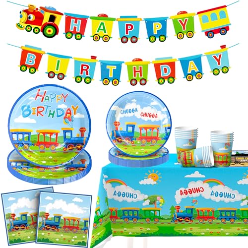 Zug Geburtstag Party Supplies Geschirr Set,16 Gäste Partygeschirr KinderGeburtstag, Zug Geburtstag Teller Servietten Partybecher Tischdecke Zug Banner Etctrain Kindergeburtstag Deko
