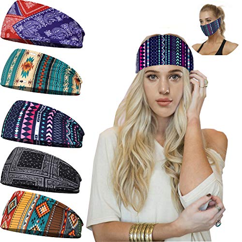 5 Pack Headbands Face Mask Multifunction Print Headwear Elastics Ties Bandana Neck Gaiter Scarves Women Hair Headwraps for Sports Workout Yoga Running Hiking Riding Motorcycling (Style-D（5 Pack）)