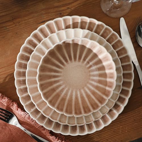 Image of Gibson Elite Peach Orchard 12-Piece New Bone China Dinnerware Set Service for 4, Embossed Fluted Plates and Bowls, Dishwasher and Microwave Safe, Mauve Rose