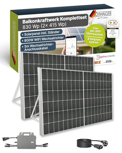 SCHWAIGER Balkonkraftwerk Komplettset 830 Wp I 2× 415 Wp Solarpanels inkl. Ständerwerk, 800W...