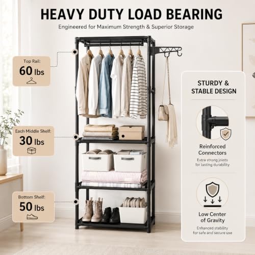 Image of AARKRI SALES 3-Tier Clothes Rack with Wheels, Double Hanging Rod Garment Rack, Multi-Layer Shoe Storage Organizer, Heavy Duty Metal Frame with Hooks for Bedroom Entryway (Black Garment Rack)