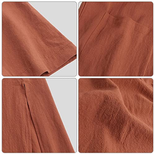 AIEOE Men's Kaftan Long Sleeve Button Up V-Neck Linen Robes with Pockets Long Gown Casual Shirt for Beach Summer2