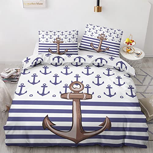 GEDAEUBA Sommer Bettwäsche 200x220 Maritim - Anker Bettbezug 200 x 220 3 teilig, Wendebettwäsche und Kissenbezug 80x80, Weiche & Atmungsaktive Mikrofaser Bettwäsche-Sets mit Reißverschluss
